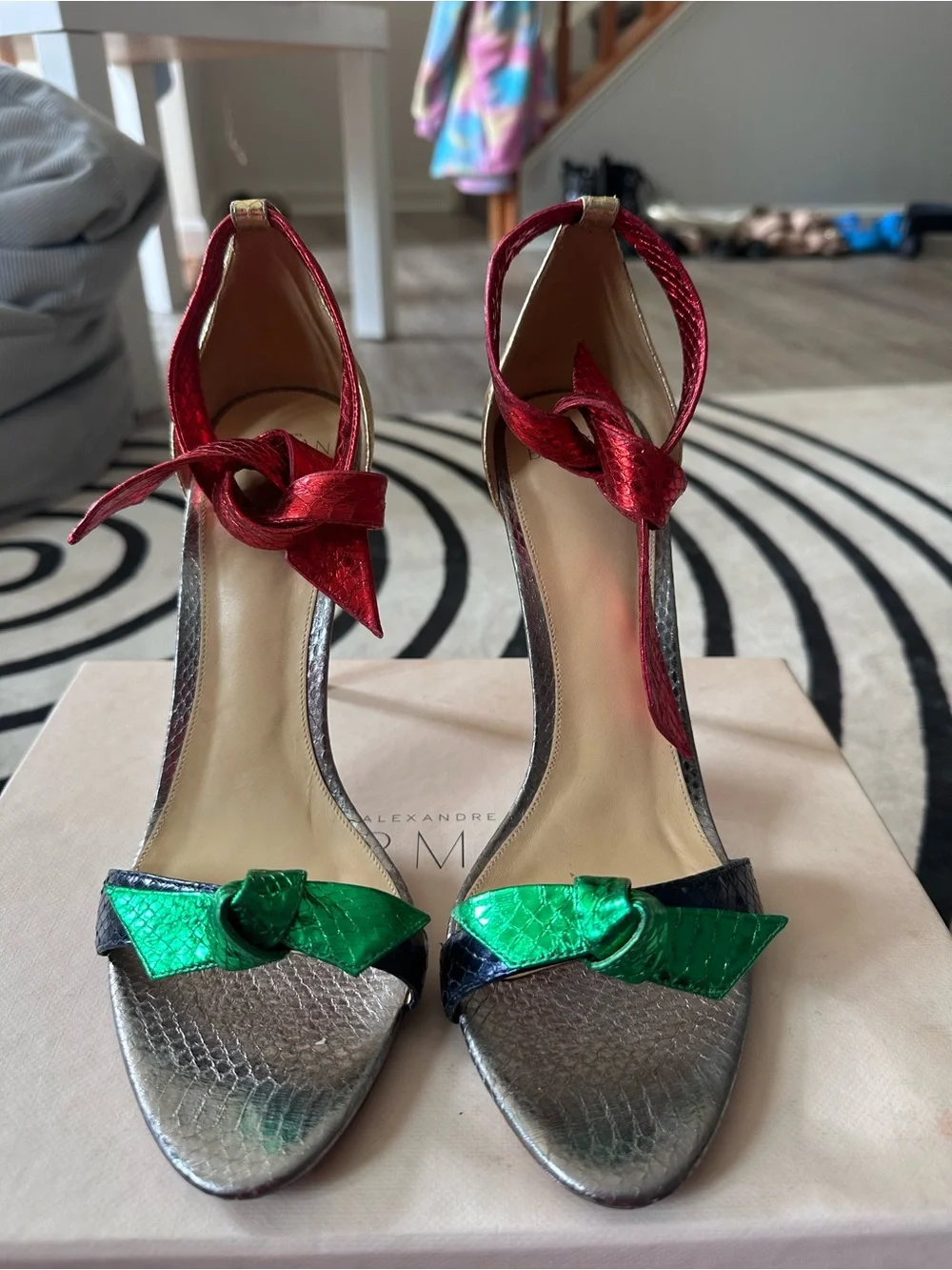Alexandre Birman Metallic Silver Heels with Red & Green Bows